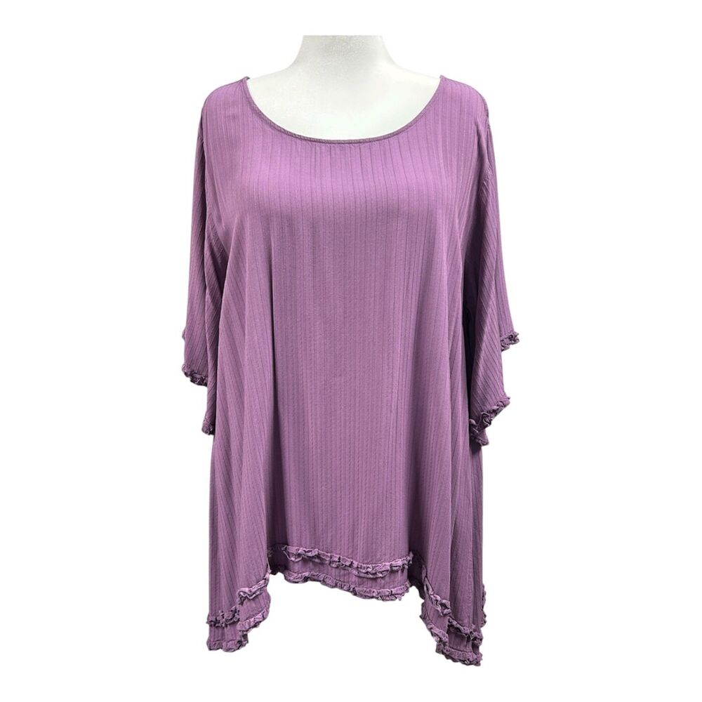 Aveology Boho Lagenlook Sharkbite Hem Ruffle Blouse Sz 22 / 24 Purple